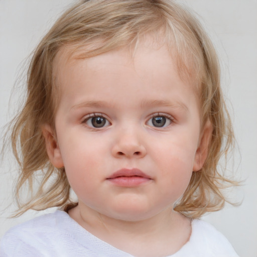 Neutral white child female with medium  brown hair and blue eyes