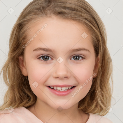 Joyful white child female with medium  brown hair and brown eyes