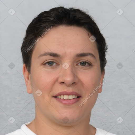 Joyful white young-adult female with short  brown hair and brown eyes