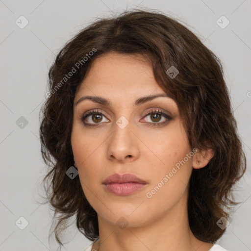 Neutral white young-adult female with medium  brown hair and brown eyes