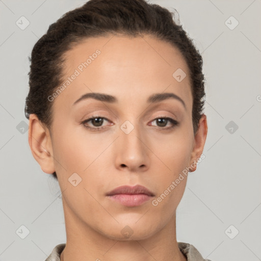 Neutral white young-adult female with short  brown hair and brown eyes