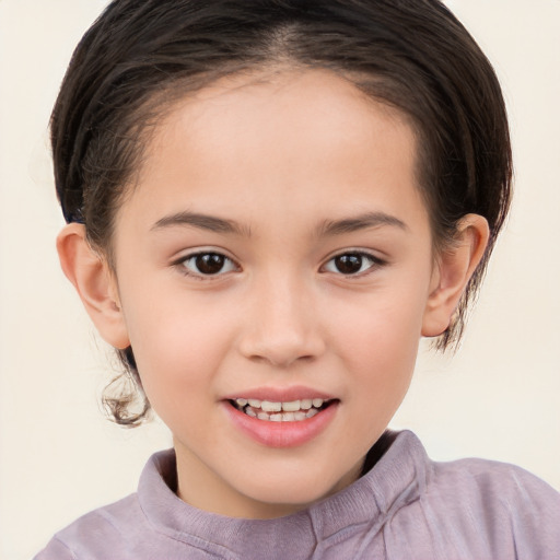 Joyful white child female with medium  brown hair and brown eyes