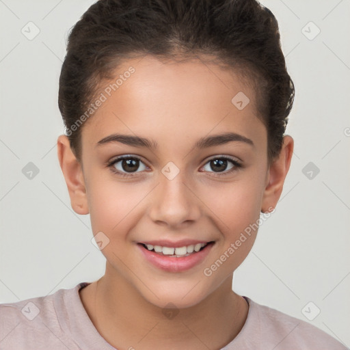 Joyful white child female with short  brown hair and brown eyes