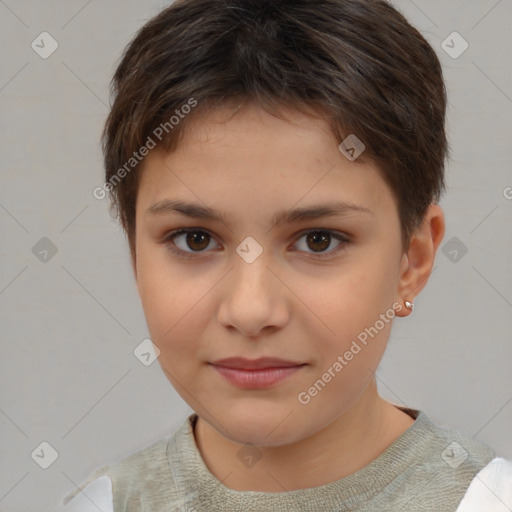 Joyful white child female with short  brown hair and brown eyes