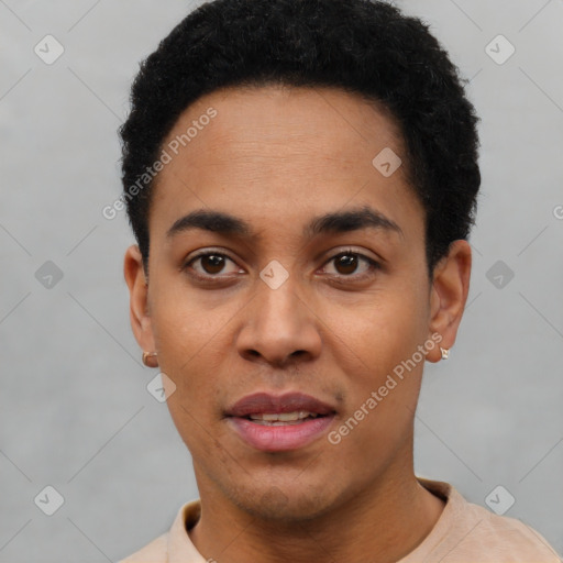 Neutral latino young-adult male with short  black hair and brown eyes