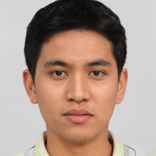 Neutral asian young-adult male with short  black hair and brown eyes