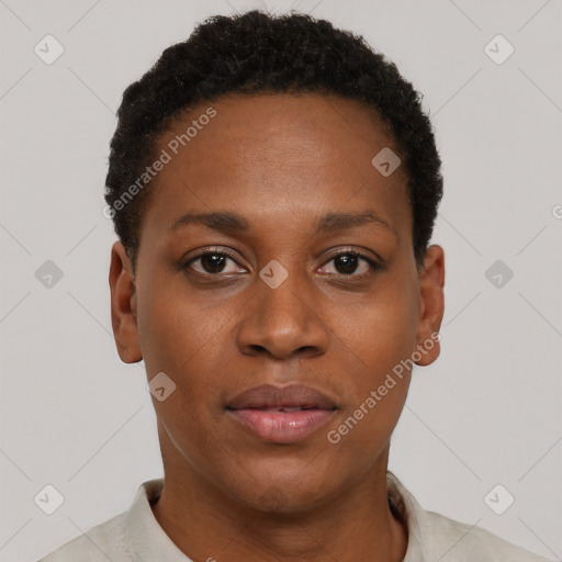 Neutral black young-adult female with short  black hair and brown eyes