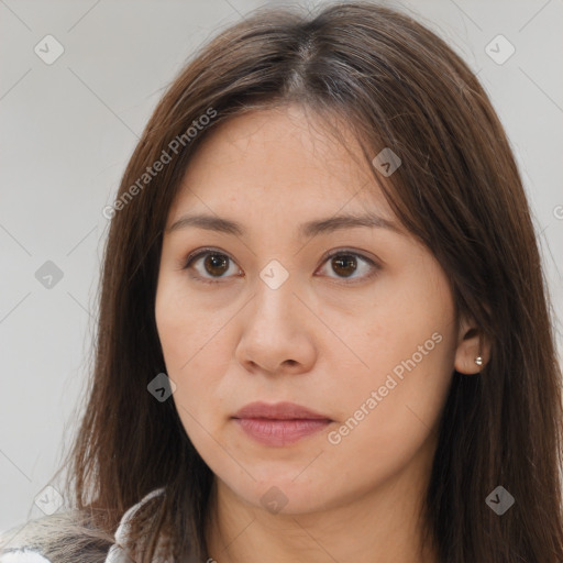 Neutral white young-adult female with long  brown hair and brown eyes