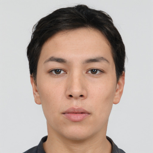 Neutral white young-adult female with short  black hair and brown eyes