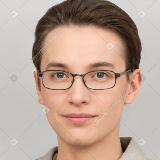 Joyful white young-adult female with short  brown hair and grey eyes