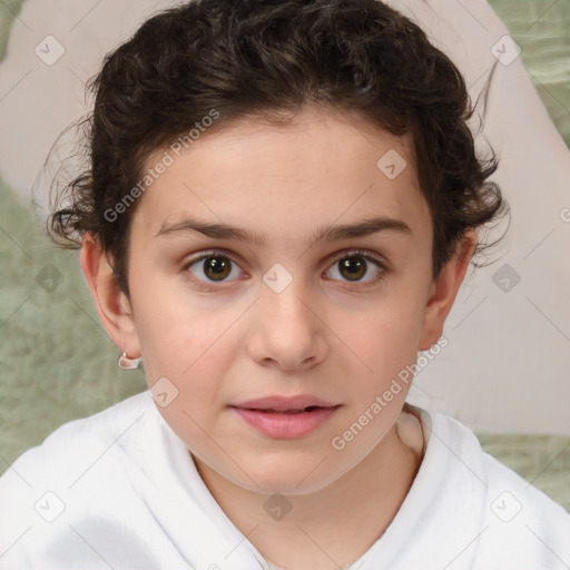 Joyful white child female with short  brown hair and brown eyes