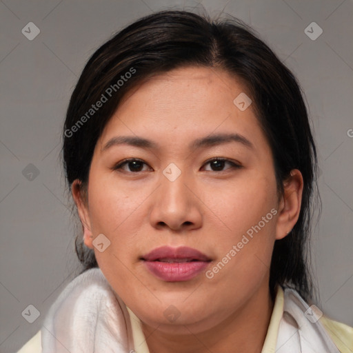 Joyful asian young-adult female with medium  brown hair and brown eyes