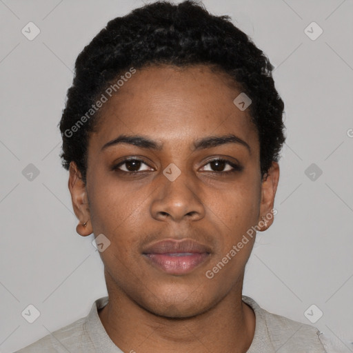 Neutral black young-adult female with short  black hair and brown eyes