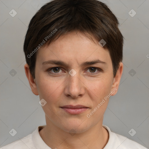 Joyful white young-adult female with short  brown hair and brown eyes