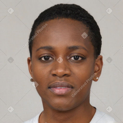 Neutral black young-adult female with short  black hair and brown eyes