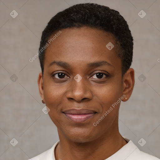 Joyful black young-adult female with short  black hair and brown eyes