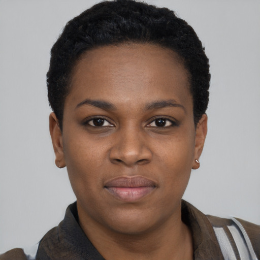 Joyful black young-adult female with short  black hair and brown eyes