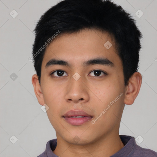 Neutral asian young-adult male with short  black hair and brown eyes