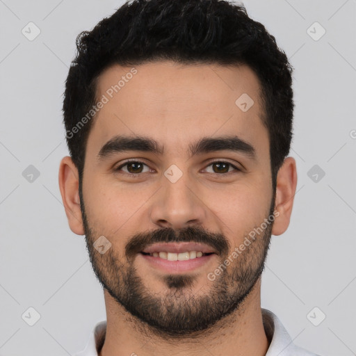 Joyful white young-adult male with short  black hair and brown eyes