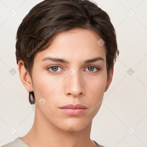 Neutral white young-adult female with short  brown hair and brown eyes