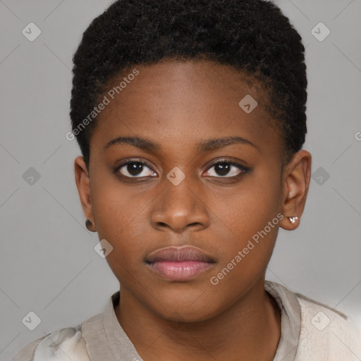 Neutral black young-adult female with short  brown hair and brown eyes