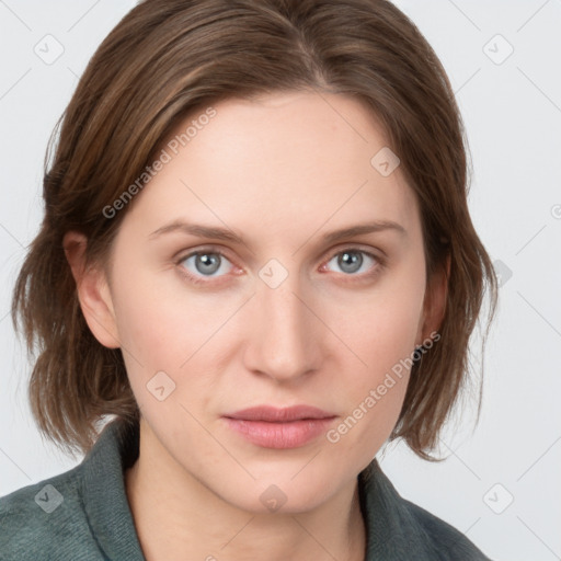 Neutral white young-adult female with medium  brown hair and grey eyes