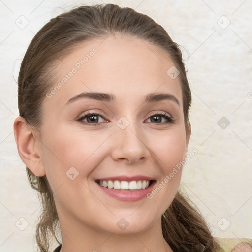 Joyful white young-adult female with long  brown hair and grey eyes