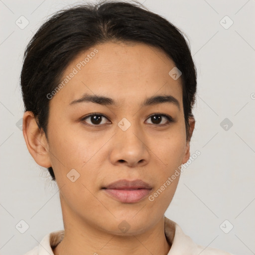 Joyful white young-adult female with short  brown hair and brown eyes