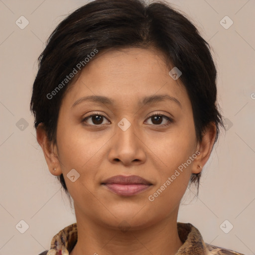 Joyful white young-adult female with medium  brown hair and brown eyes