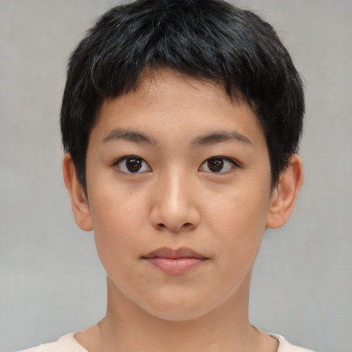 Neutral white young-adult female with short  brown hair and brown eyes