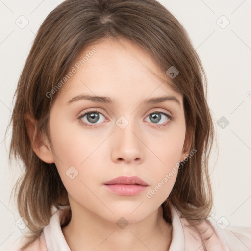 Neutral white young-adult female with medium  brown hair and grey eyes