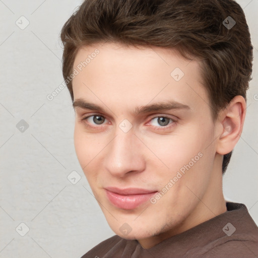 Neutral white young-adult male with short  brown hair and brown eyes