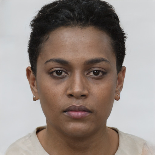 Neutral black young-adult female with short  brown hair and brown eyes