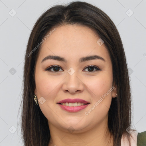 Joyful white young-adult female with long  brown hair and brown eyes