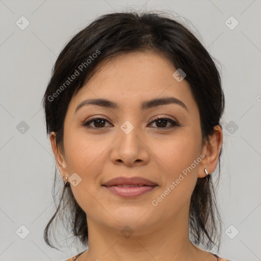 Joyful asian young-adult female with medium  brown hair and brown eyes