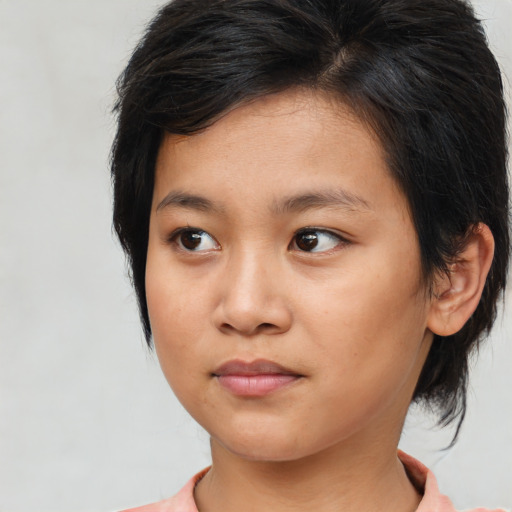Neutral asian young-adult female with medium  brown hair and brown eyes