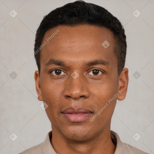 Neutral latino young-adult male with short  black hair and brown eyes