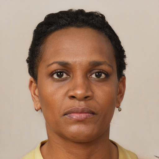 Neutral black young-adult female with short  brown hair and brown eyes