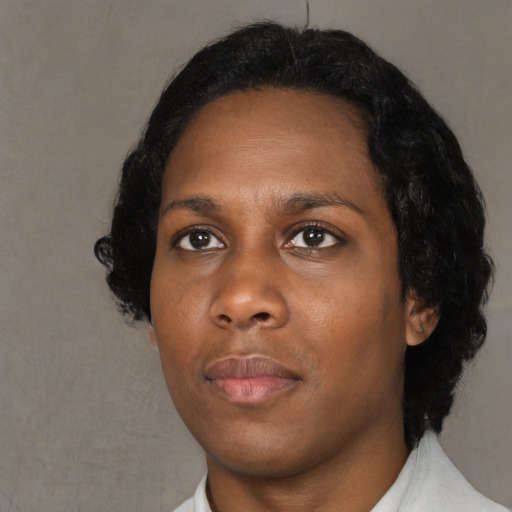 Neutral black young-adult female with short  black hair and brown eyes