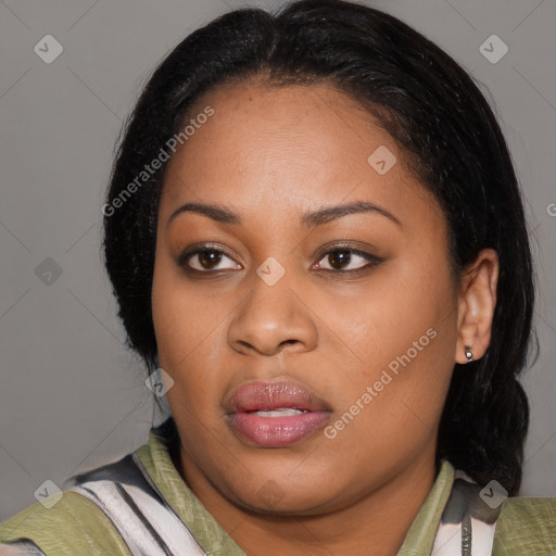 Joyful latino young-adult female with medium  black hair and brown eyes