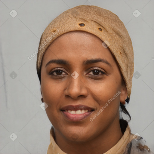 Joyful white young-adult female with short  black hair and brown eyes