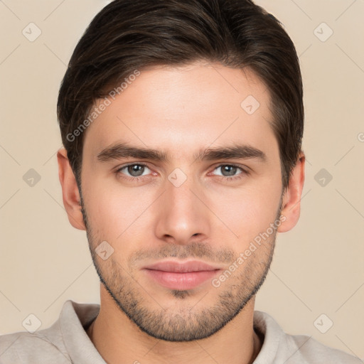 Neutral white young-adult male with short  brown hair and brown eyes