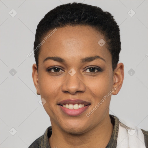 Joyful latino young-adult female with short  black hair and brown eyes