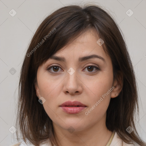 Neutral white young-adult female with medium  brown hair and brown eyes