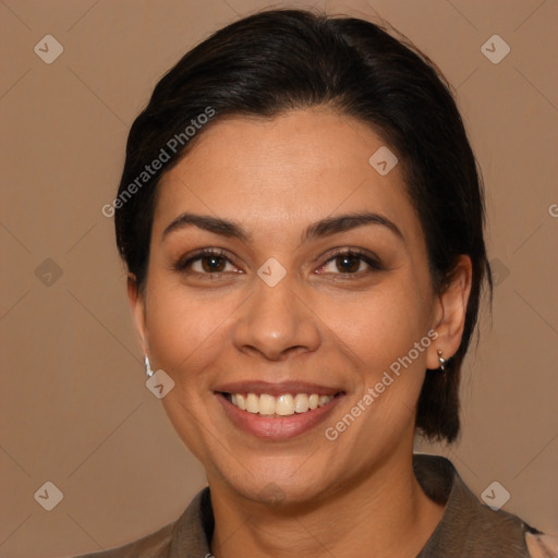 Joyful latino young-adult female with medium  brown hair and brown eyes