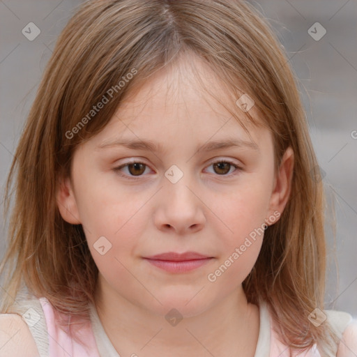 Joyful white child female with medium  brown hair and grey eyes