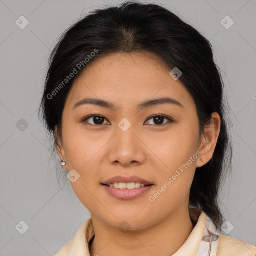 Joyful asian young-adult female with medium  brown hair and brown eyes