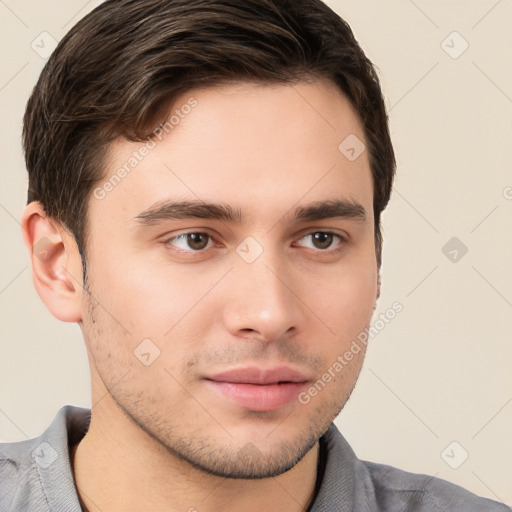 Neutral white young-adult male with short  brown hair and brown eyes