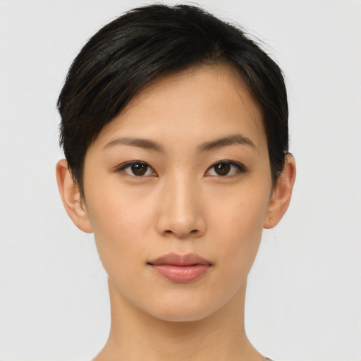 Neutral asian young-adult female with short  brown hair and brown eyes