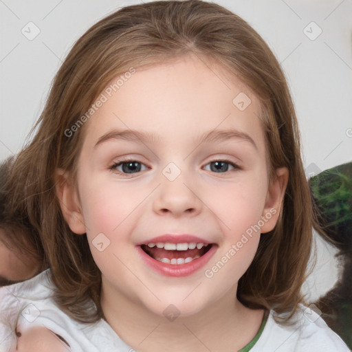 Joyful white child female with medium  brown hair and brown eyes